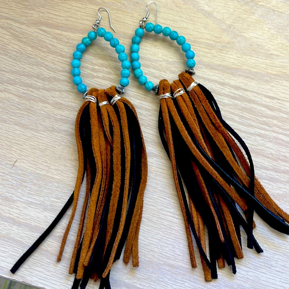 Large turquoise beaded & faux leather earrings